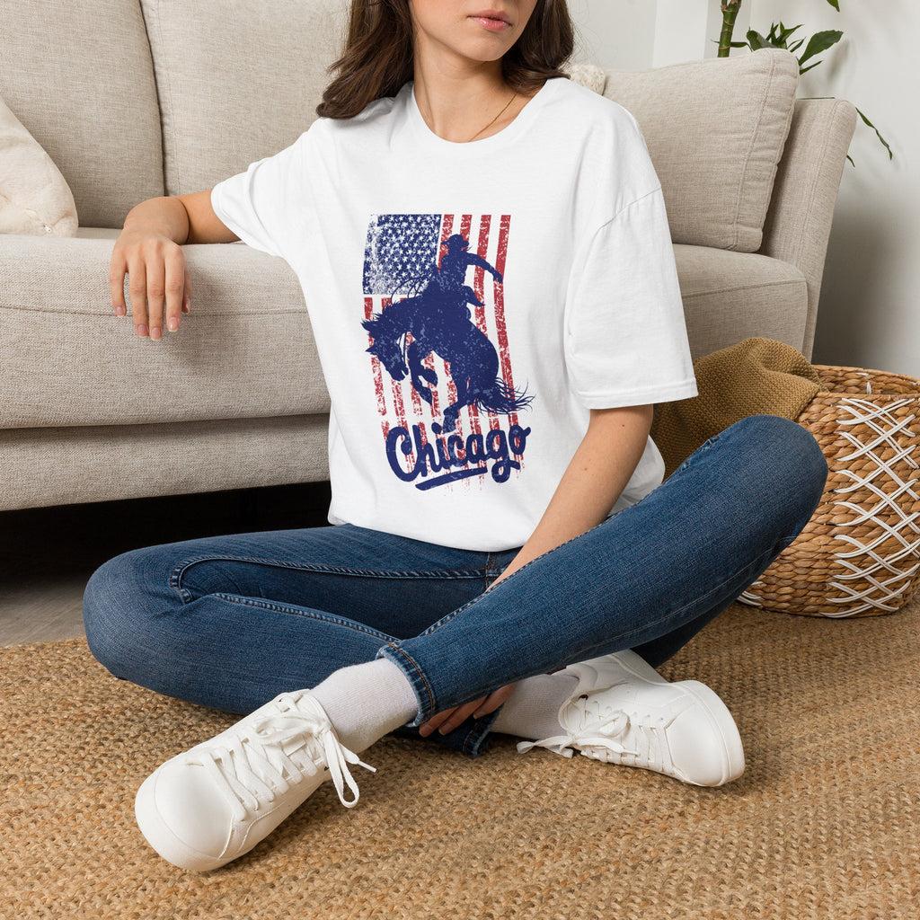 Chicago Rodeo T-Shirt — Vintage American Flag Bull Rider Graphic Tee