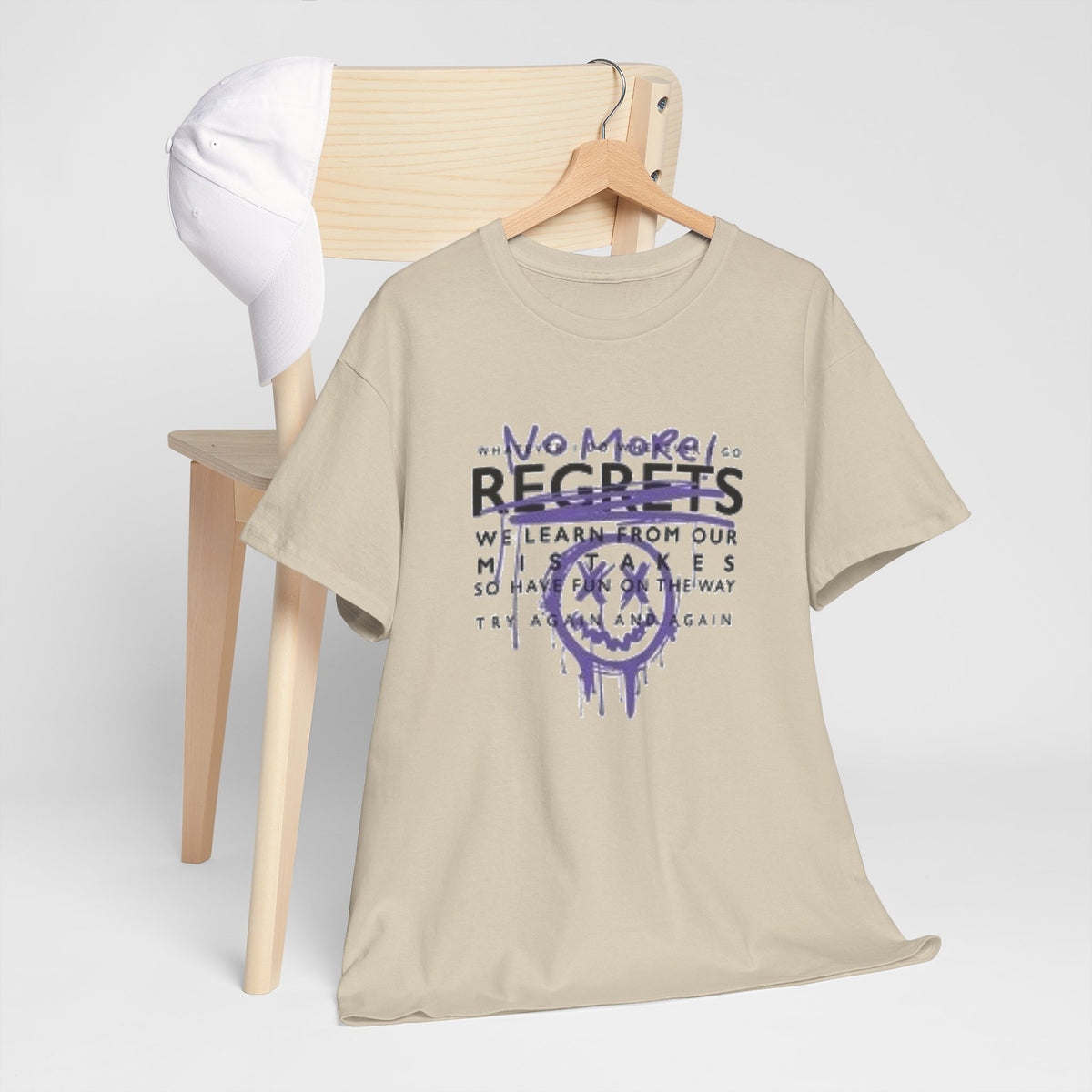No More Regrets Tee — Grunge Drip Smile Graphic T-Shirt