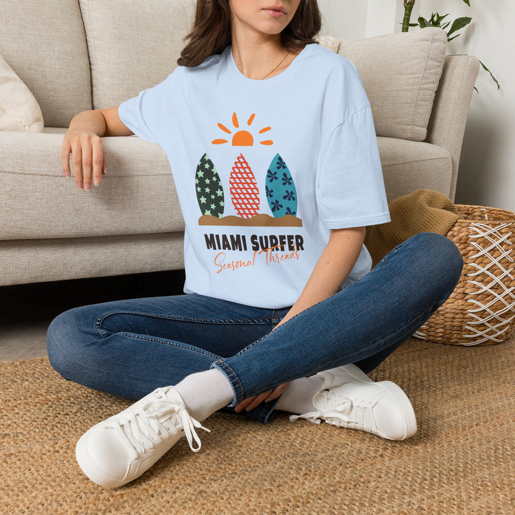 Miami Surfer Graphic T-Shirt — Colorful Surfboard Sun Beach Tee