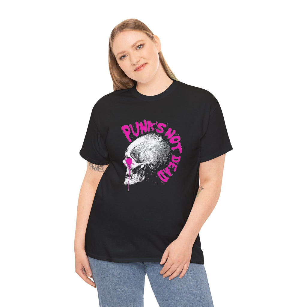Punk's Not Dead Skull T-Shirt — Edgy Punk Rock Tee with Pink Graffiti