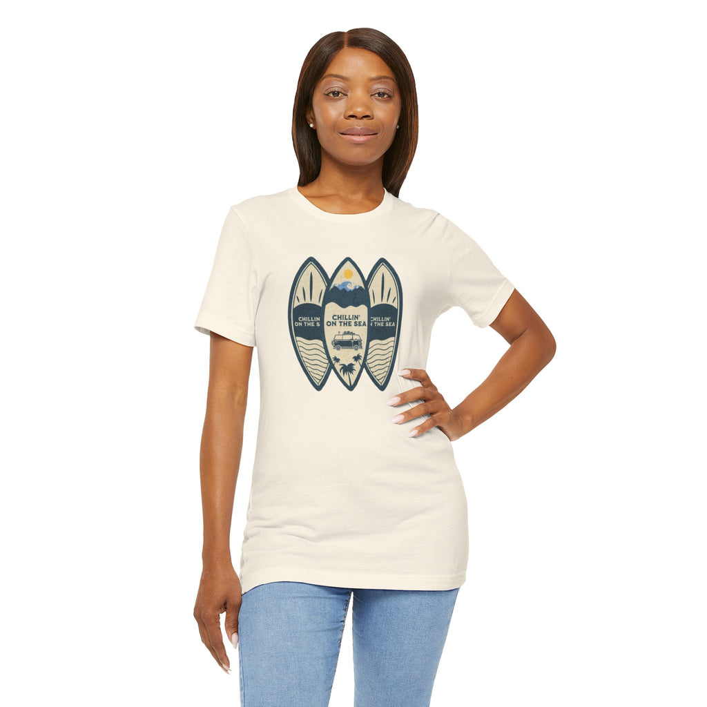 Surfboard Beach Tee — "Chillin' On The Sea" Coastal Graphic T-Shirt
