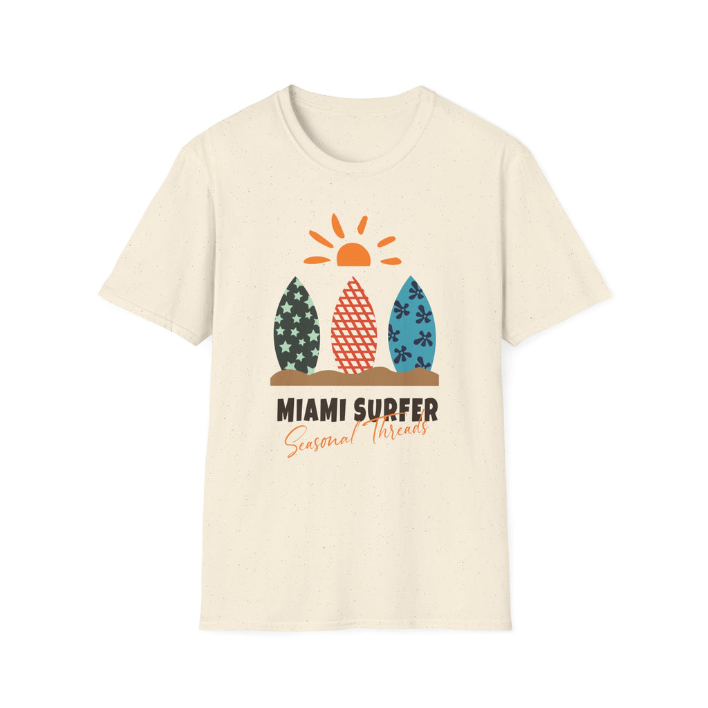 Miami Surfer Graphic T-Shirt — Colorful Surfboard Sun Beach Tee