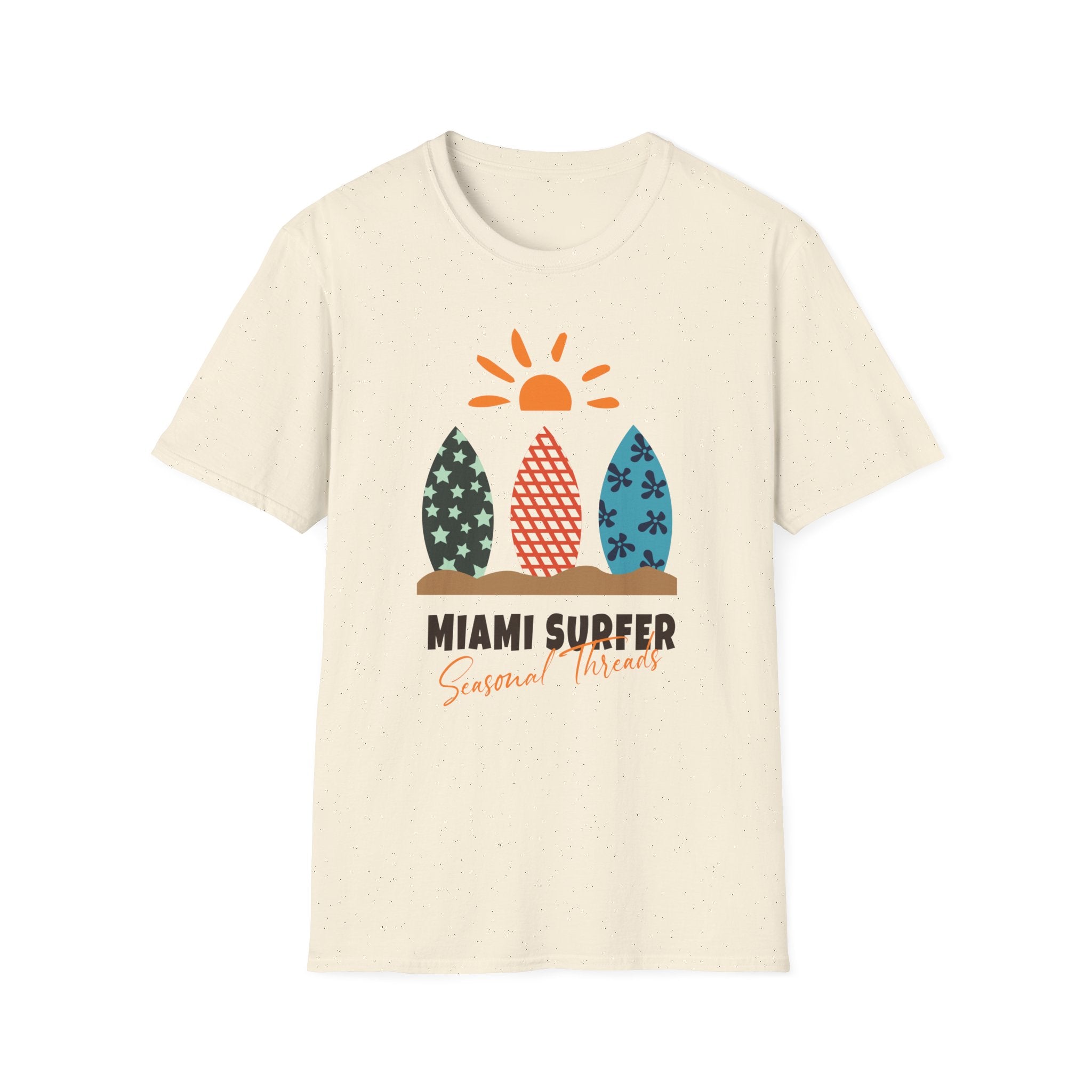 Miami Surfer Graphic T-Shirt — Colorful Surfboard Sun Beach Tee