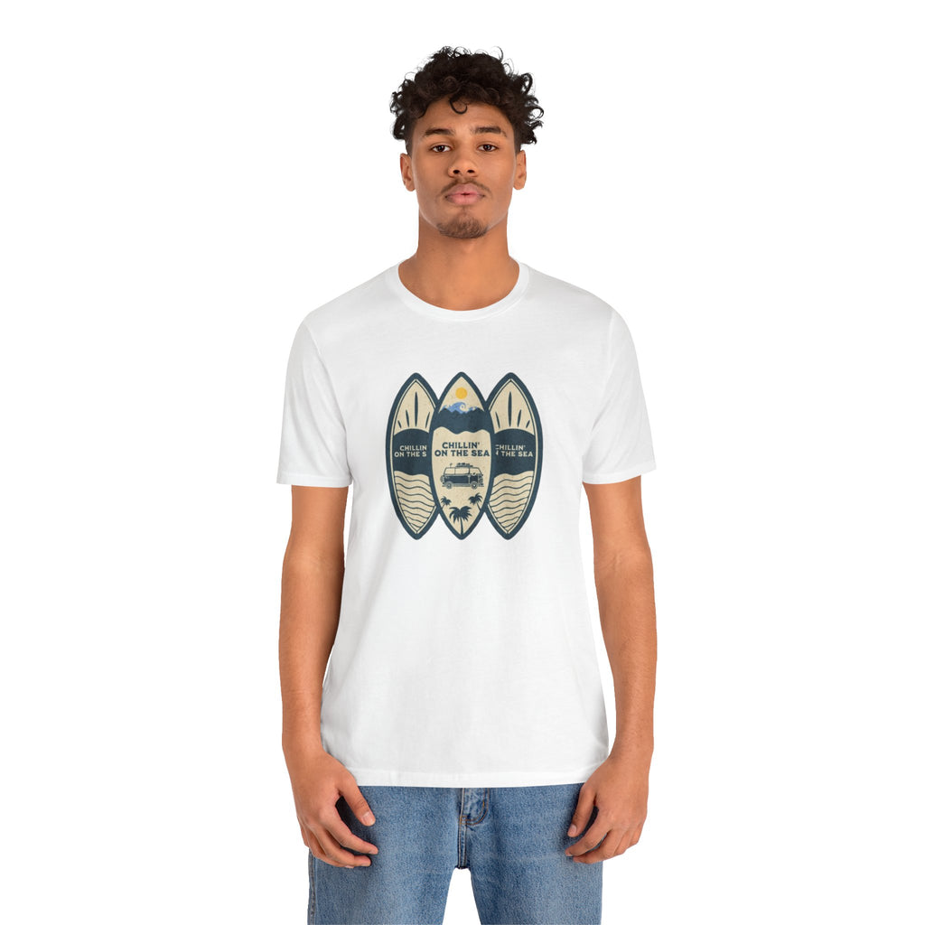 Surfboard Beach Tee — "Chillin' On The Sea" Coastal Graphic T-Shirt