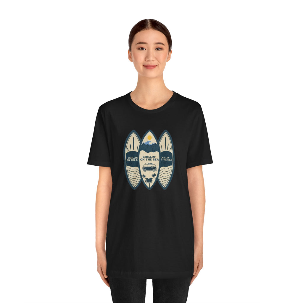 Surfboard Beach Tee — "Chillin' On The Sea" Coastal Graphic T-Shirt