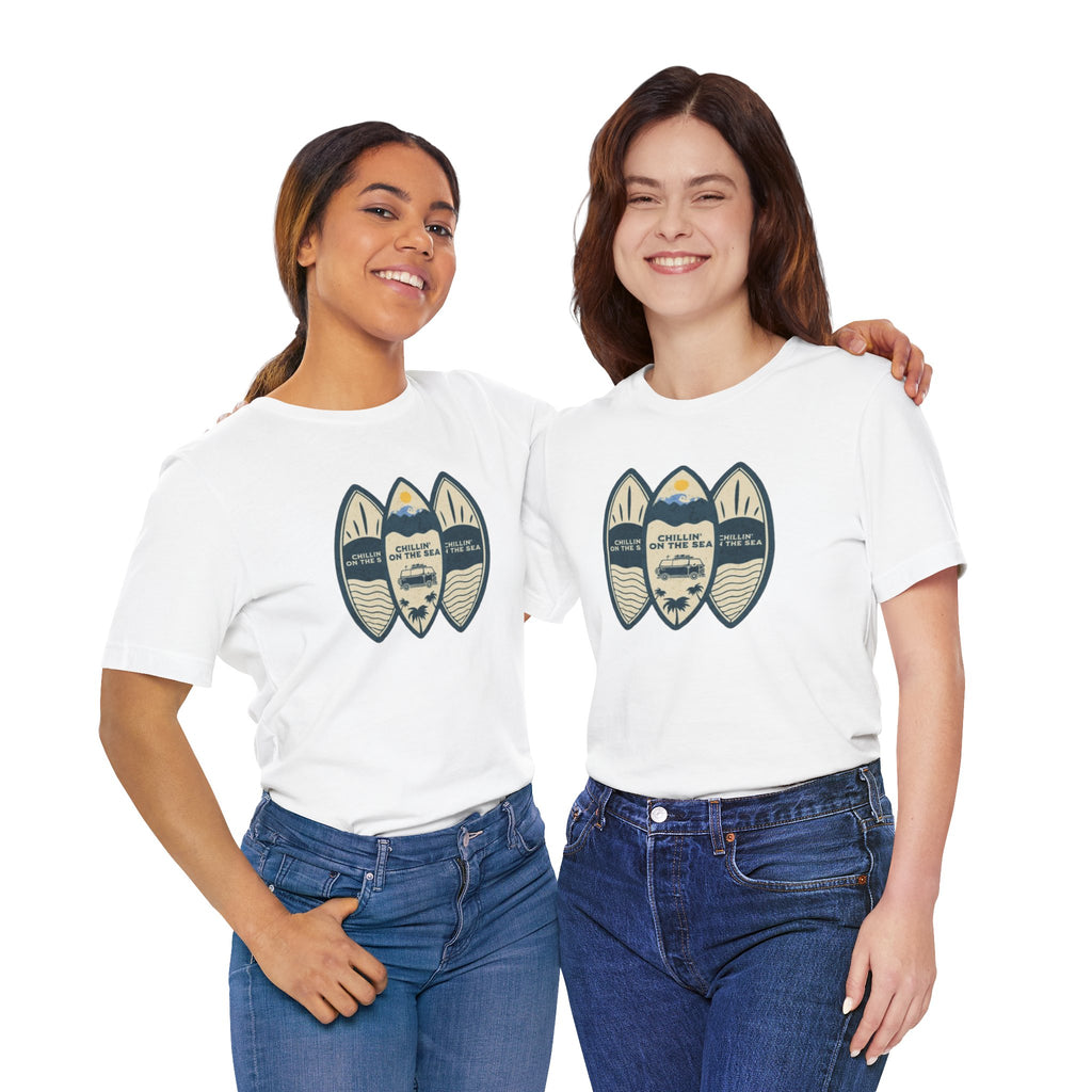 Surfboard Beach Tee — "Chillin' On The Sea" Coastal Graphic T-Shirt