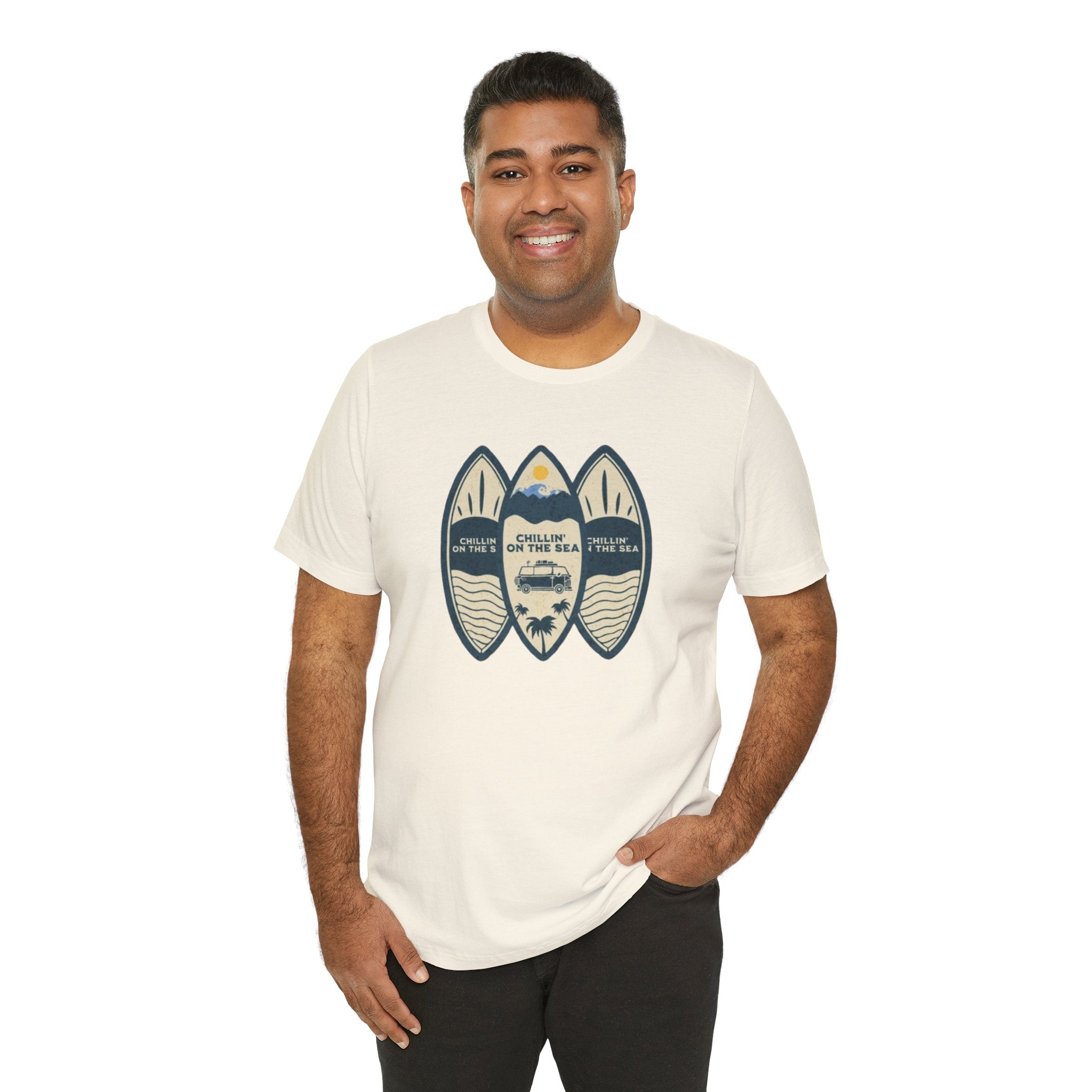 Surfboard Beach Tee — "Chillin' On The Sea" Coastal Graphic T-Shirt