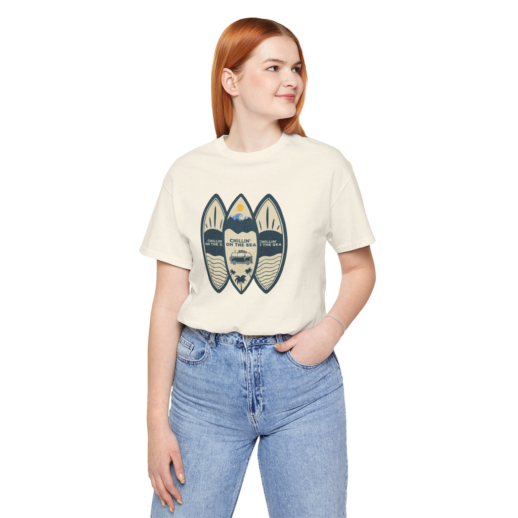 Surfboard Beach Tee — "Chillin' On The Sea" Coastal Graphic T-Shirt