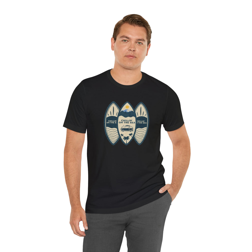 Surfboard Beach Tee — "Chillin' On The Sea" Coastal Graphic T-Shirt