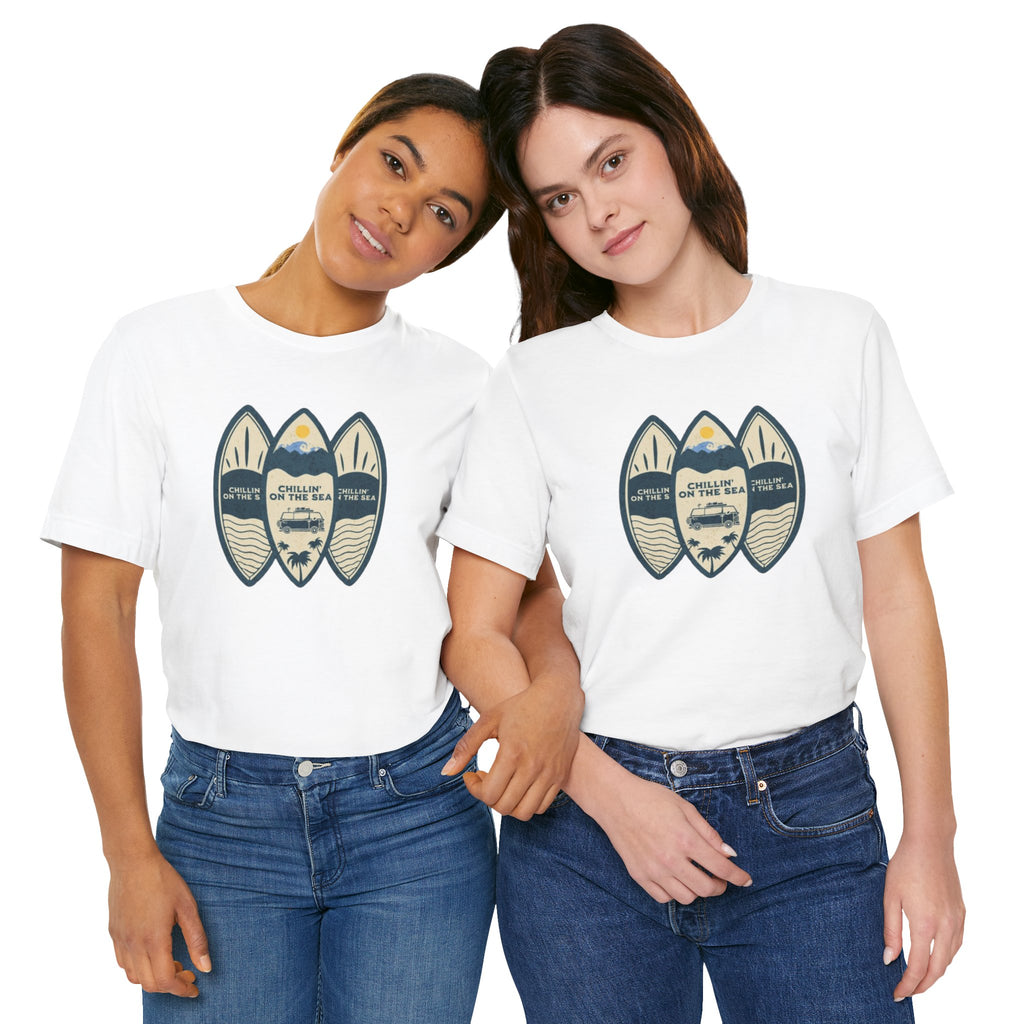 Surfboard Beach Tee — "Chillin' On The Sea" Coastal Graphic T-Shirt