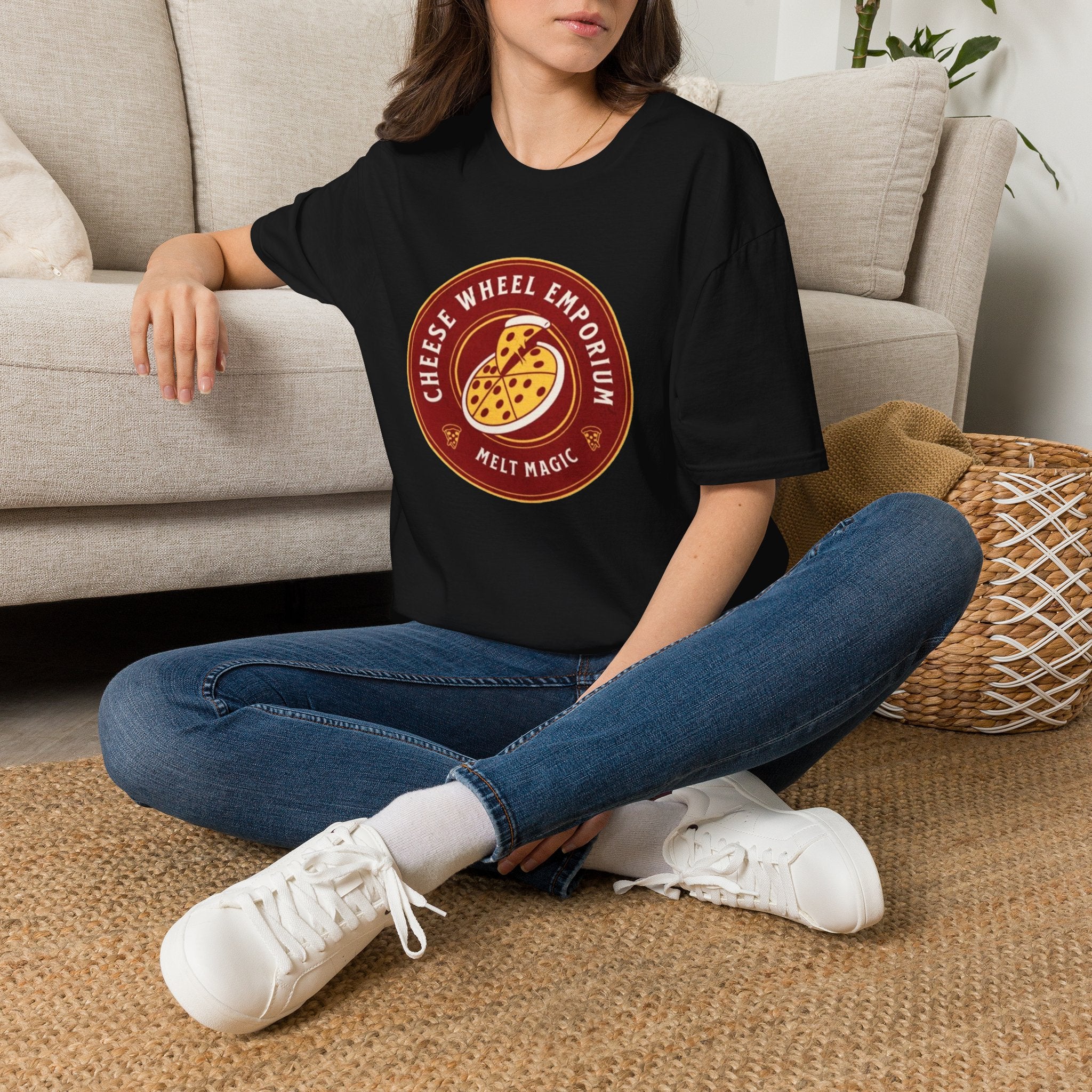 Cheese Wheel Emporium T‑Shirt — Retro Pizza Logo Tee (Melt Magic)