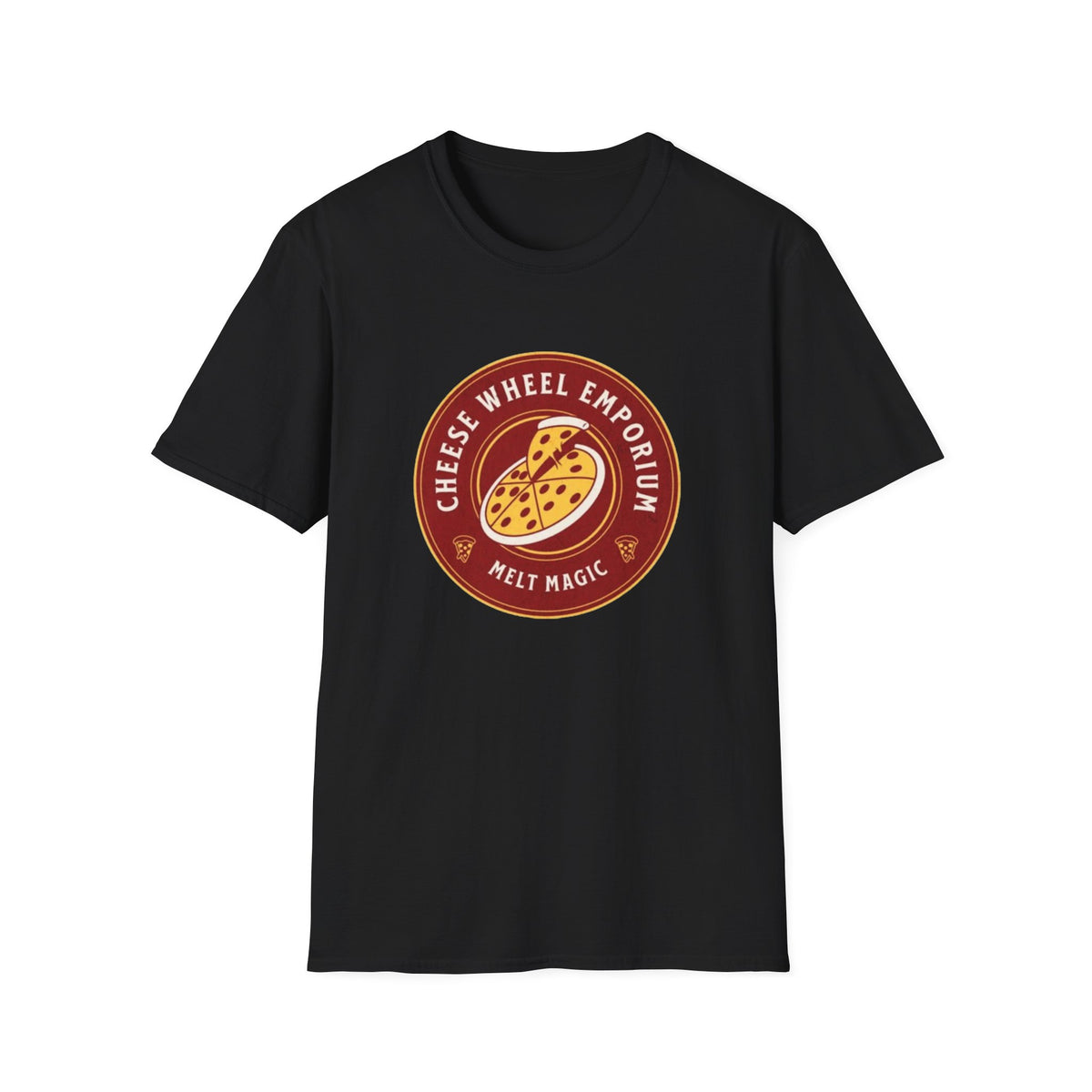 Cheese Wheel Emporium T‑Shirt — Retro Pizza Logo Tee (Melt Magic)