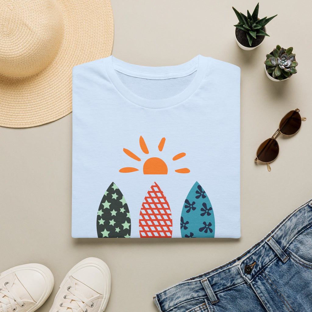 Miami Surfer Graphic T-Shirt — Colorful Surfboard Sun Beach Tee