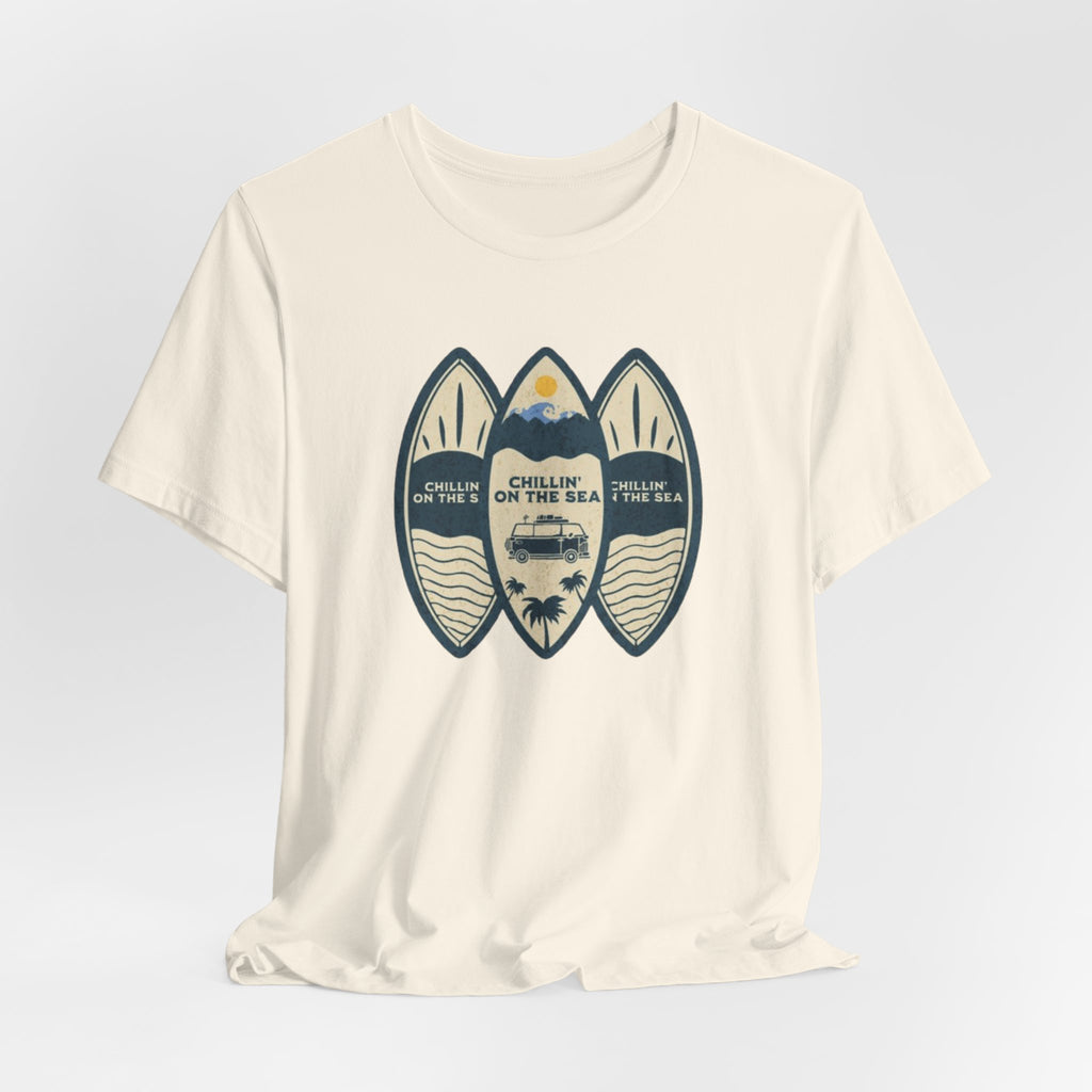Surfboard Beach Tee — "Chillin' On The Sea" Coastal Graphic T-Shirt