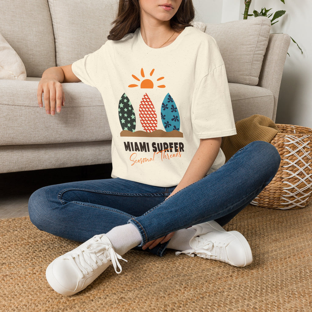 Miami Surfer Graphic T-Shirt — Colorful Surfboard Sun Beach Tee