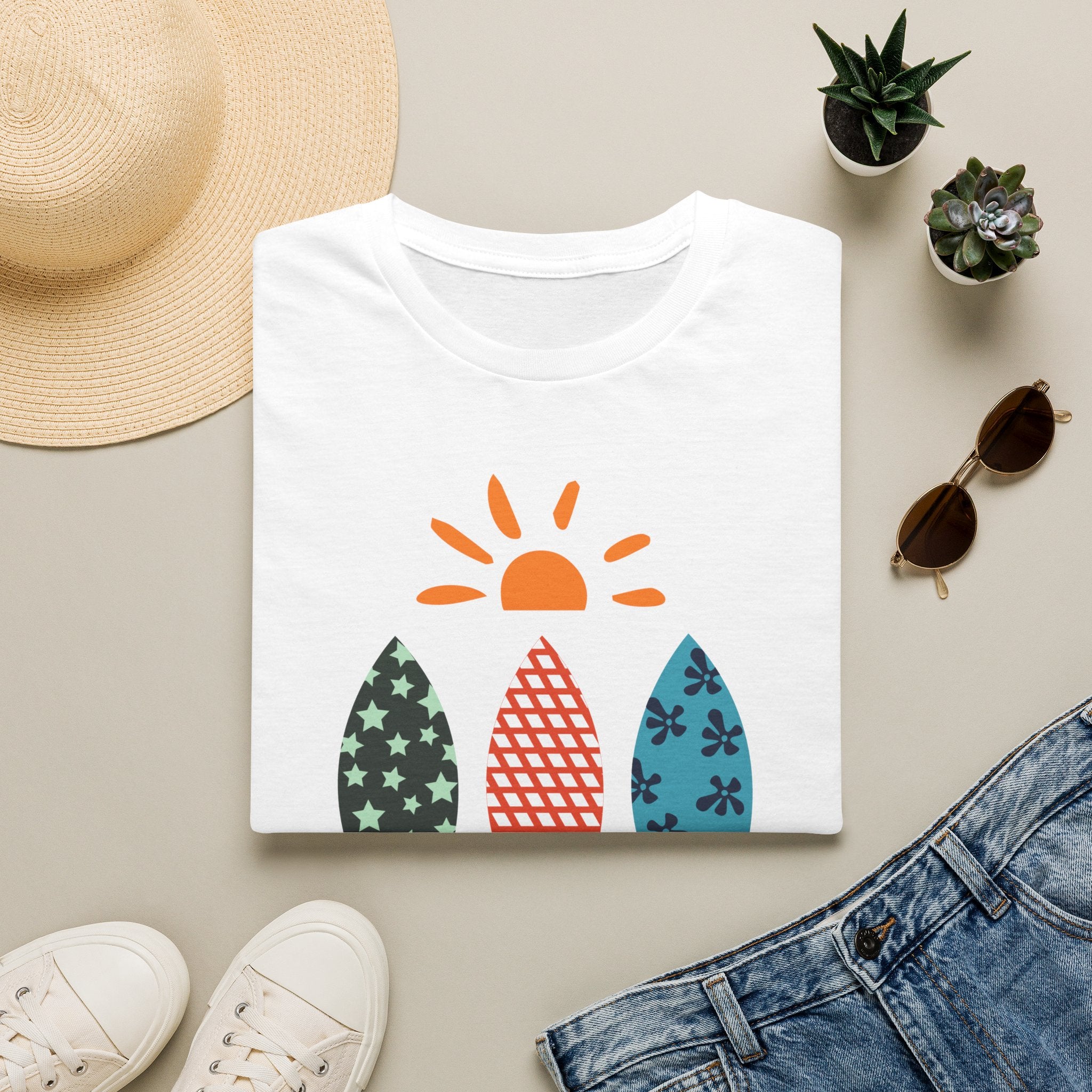 Miami Surfer Graphic T-Shirt — Colorful Surfboard Sun Beach Tee
