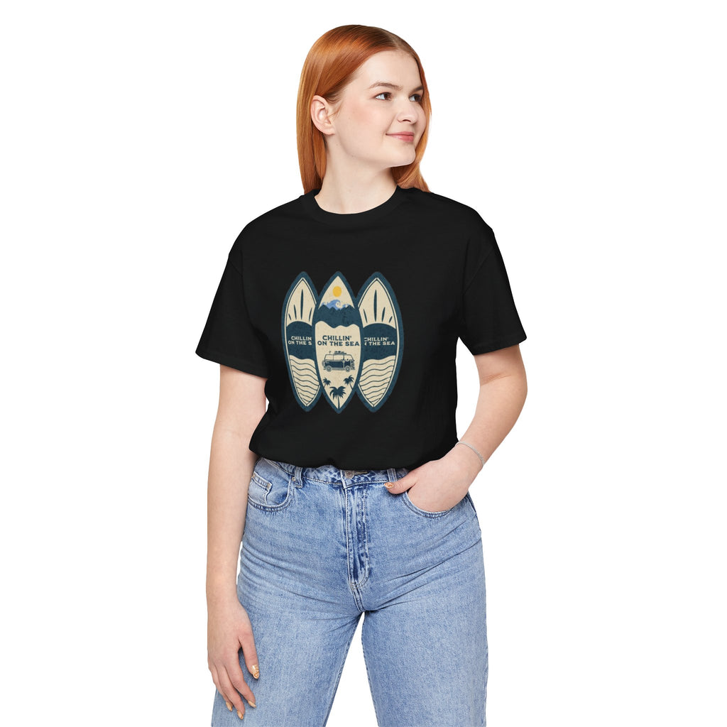 Surfboard Beach Tee — "Chillin' On The Sea" Coastal Graphic T-Shirt