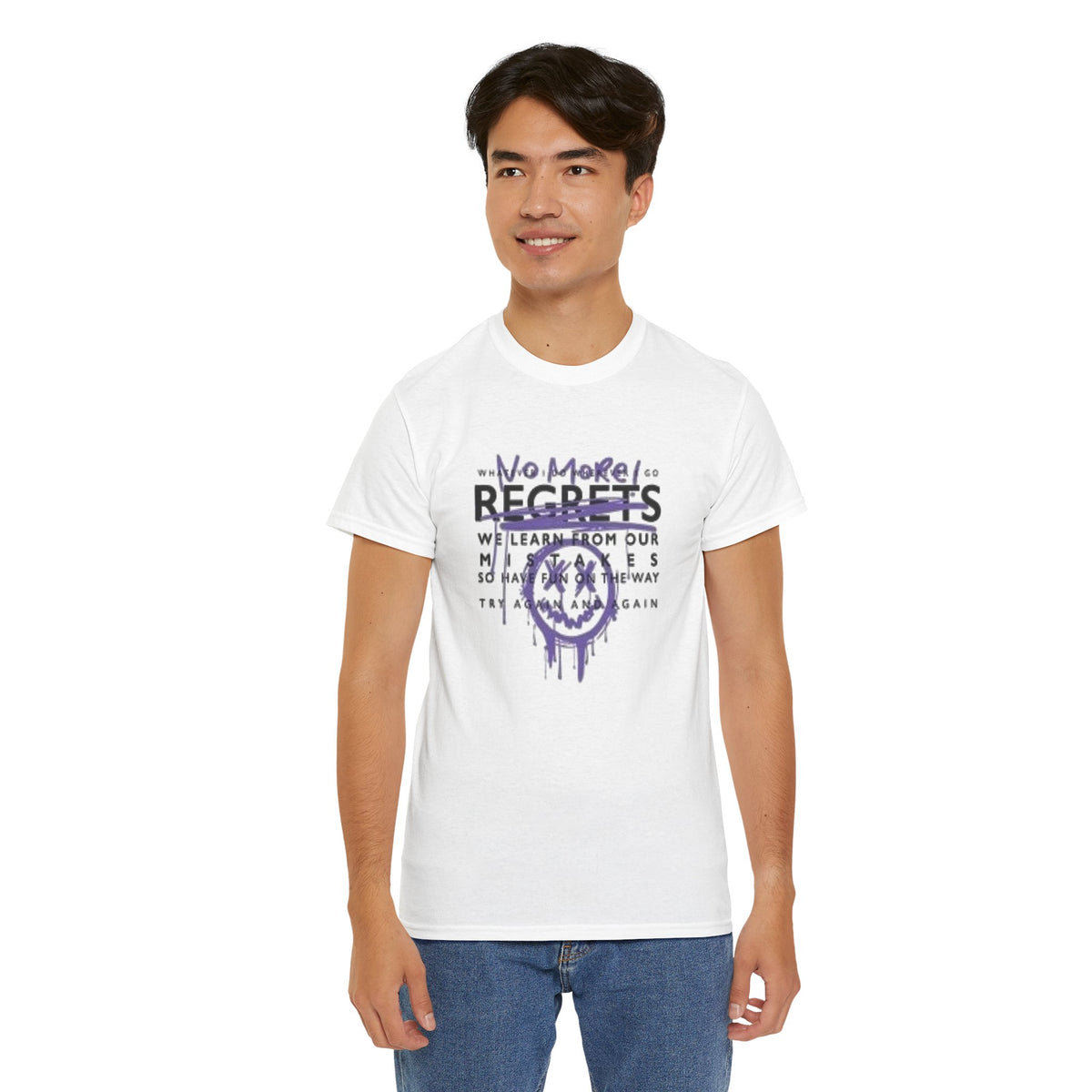 No More Regrets Tee — Grunge Drip Smile Graphic T-Shirt