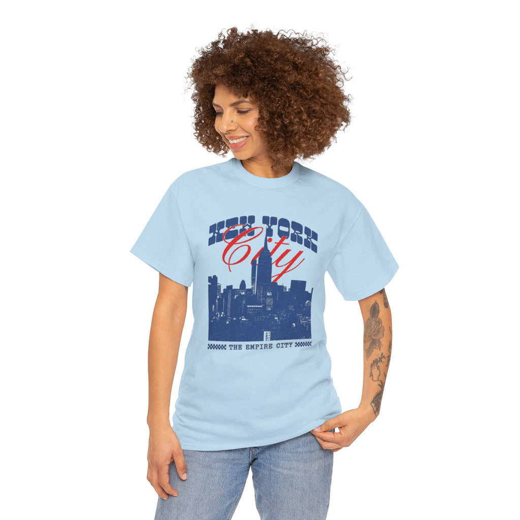 New York City Skyline Tee — Retro Blue & Red NYC Graphic T-Shirt