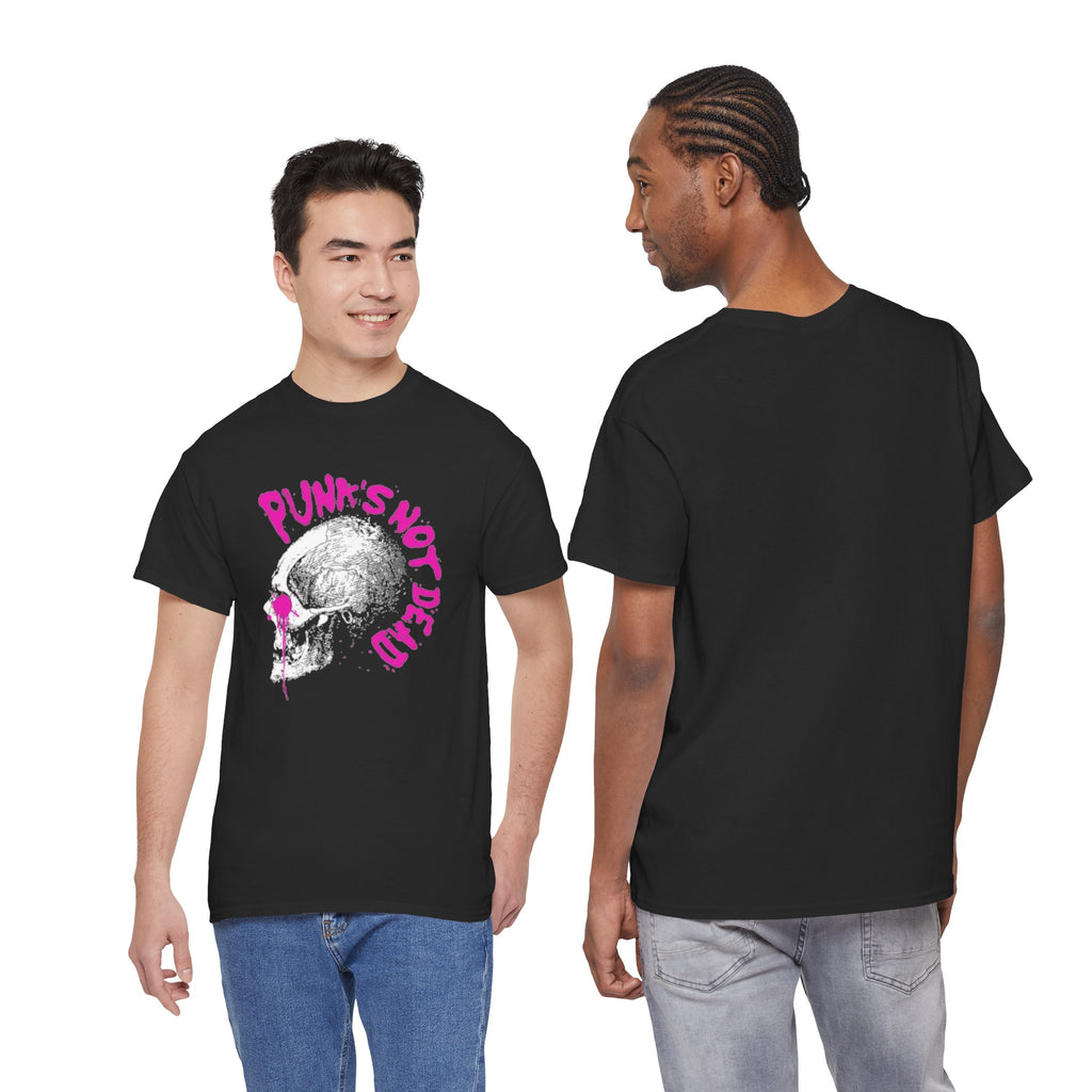 Punk's Not Dead Skull T-Shirt — Edgy Punk Rock Tee with Pink Graffiti
