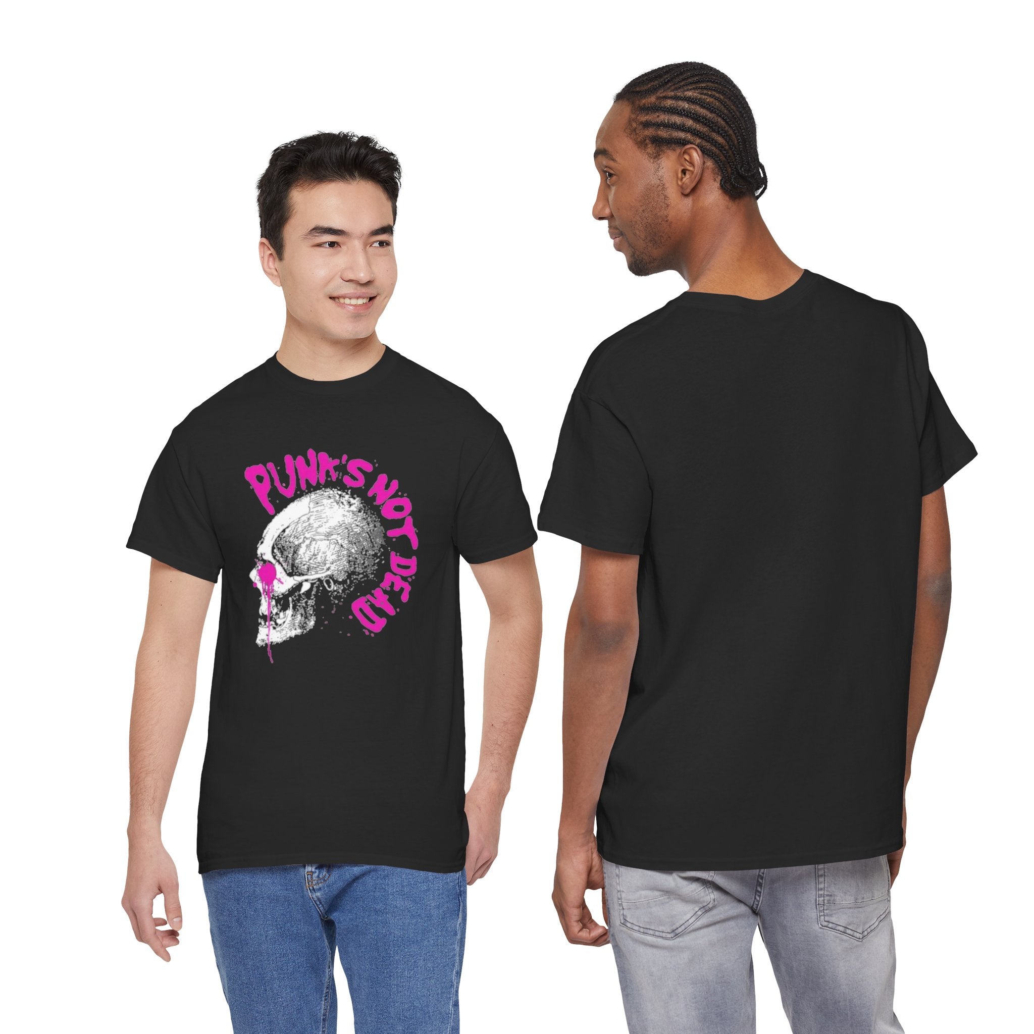 Punk's Not Dead Skull T-Shirt — Edgy Punk Rock Tee with Pink Graffiti