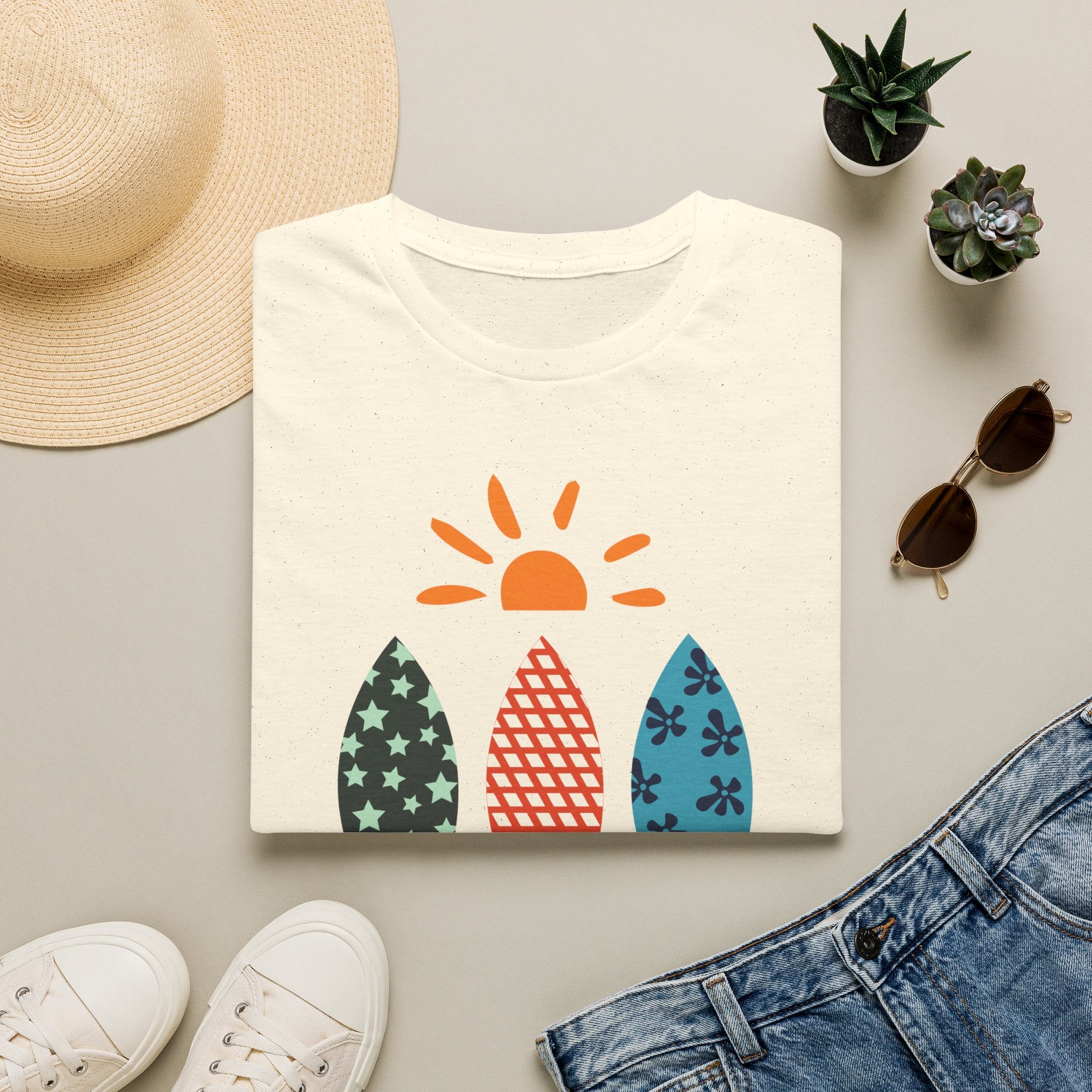 Miami Surfer Graphic T-Shirt — Colorful Surfboard Sun Beach Tee